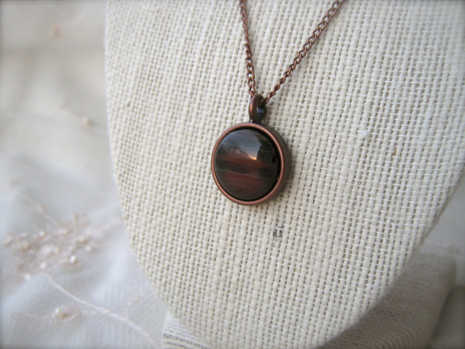 Southwestern Boho Charm Necklace Round Agate Coin Charm Jewelry Copper Chain Necklace Earth Tones Gray Black Brown Orange Rust Red Stripe