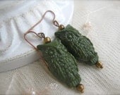 Wise Old Owl Earrings. Dark Green Earrings. Owl Jewelry. Forest Green. Woodland. Drop Earrings. Dangle Earrings. Plastic, Copper.