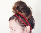 Red Sparkle Hippie HEADBAND - Elastic, Black Wood Bead, Fashion, Crochet, Accessory, Hippie, Funky, Pretty, Beautiful, Crochet, Yarnival.