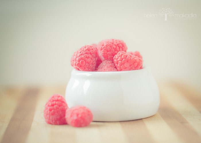 Fine Art Fruit Photograph. Pink Raspberries. White Bowl. Wooden Cutting Board. Pink and Red. Colorful.  Kitchen Decor.  5x7 Print