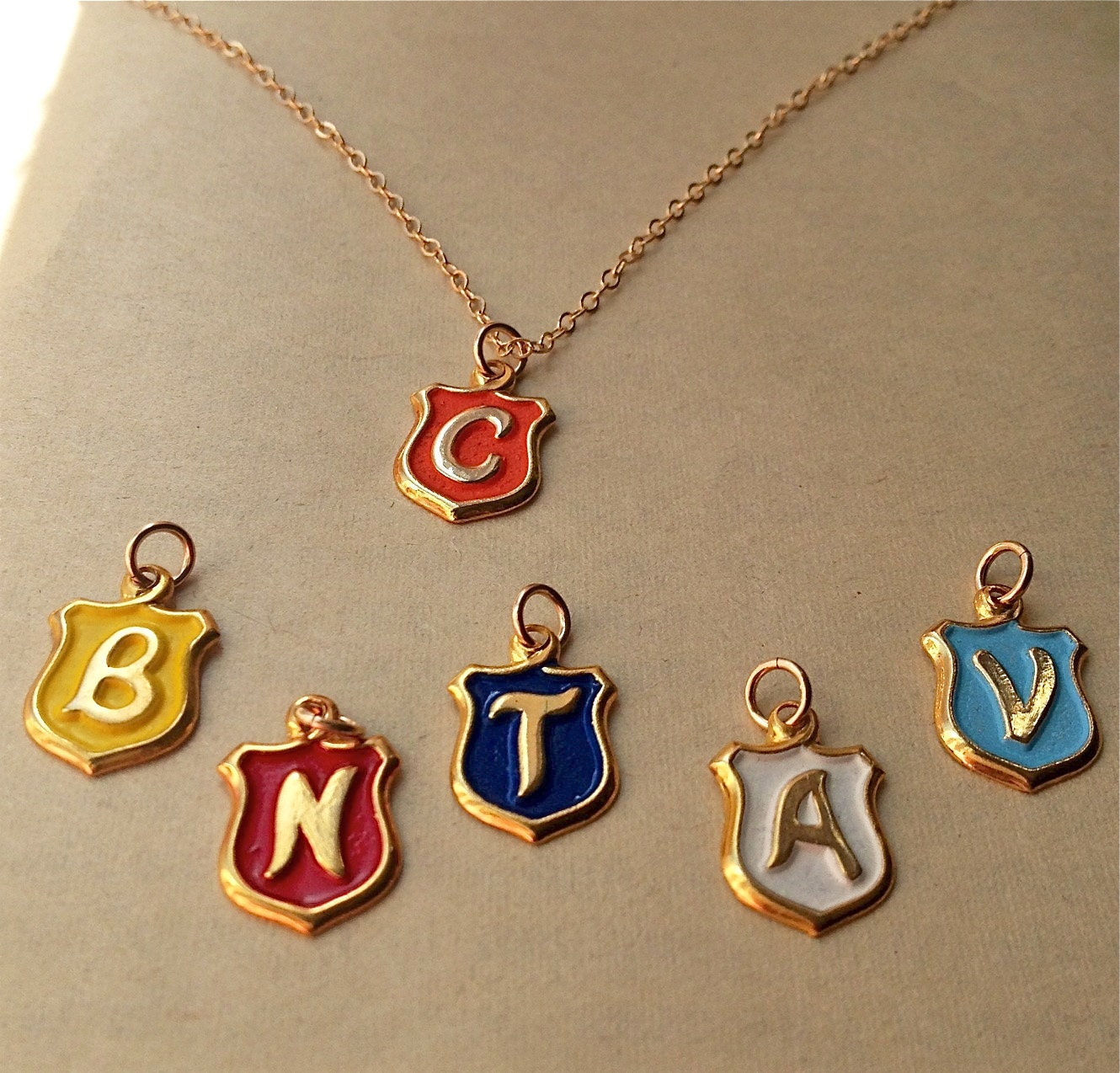 Personalized Initial Necklace, Vintage Shield Charm with Letter of your Choice, enameled shield charm