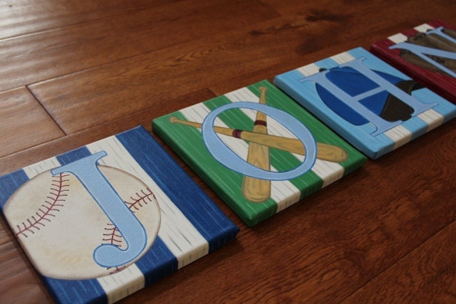 8" x 8" or 8" x 10" Baseball Theme Custom Personalized Name Wall Letters Sports Bats Glove Cap Canvas Art Boys Bedding Room Decor