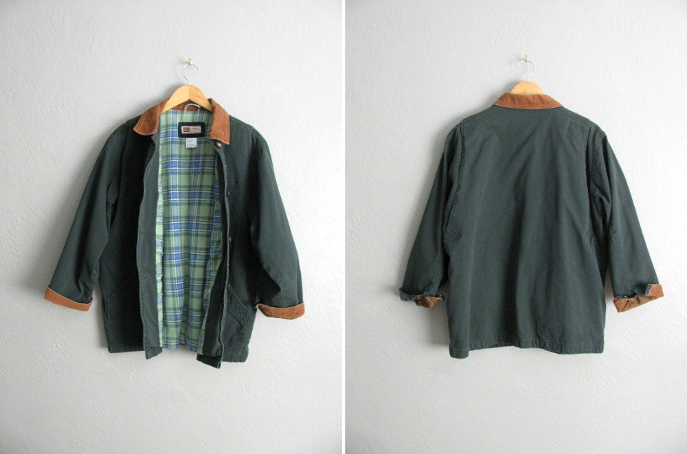 vintage unisex '90s FOREST green canvas FIELD JACKET with corduroy collar. size women's xl 1x 2x / men's m l.