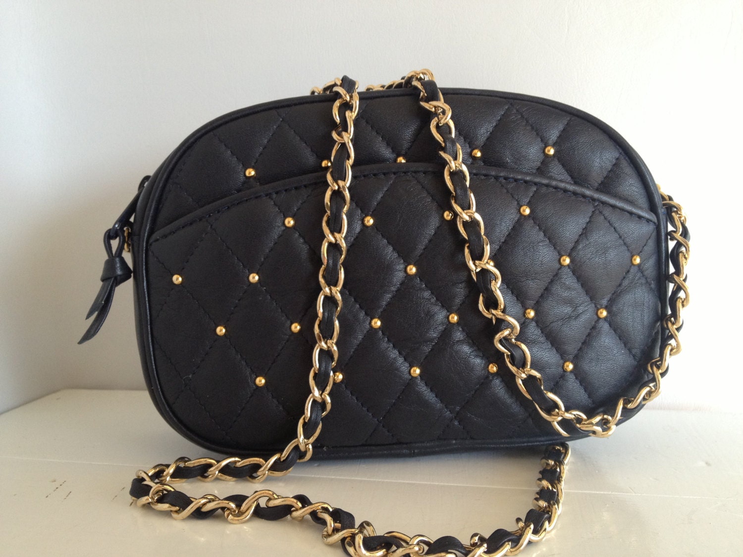 1980's Studded Navy Quilted Leather Crossbody Purse by Vanessa Chain Strap Handbag