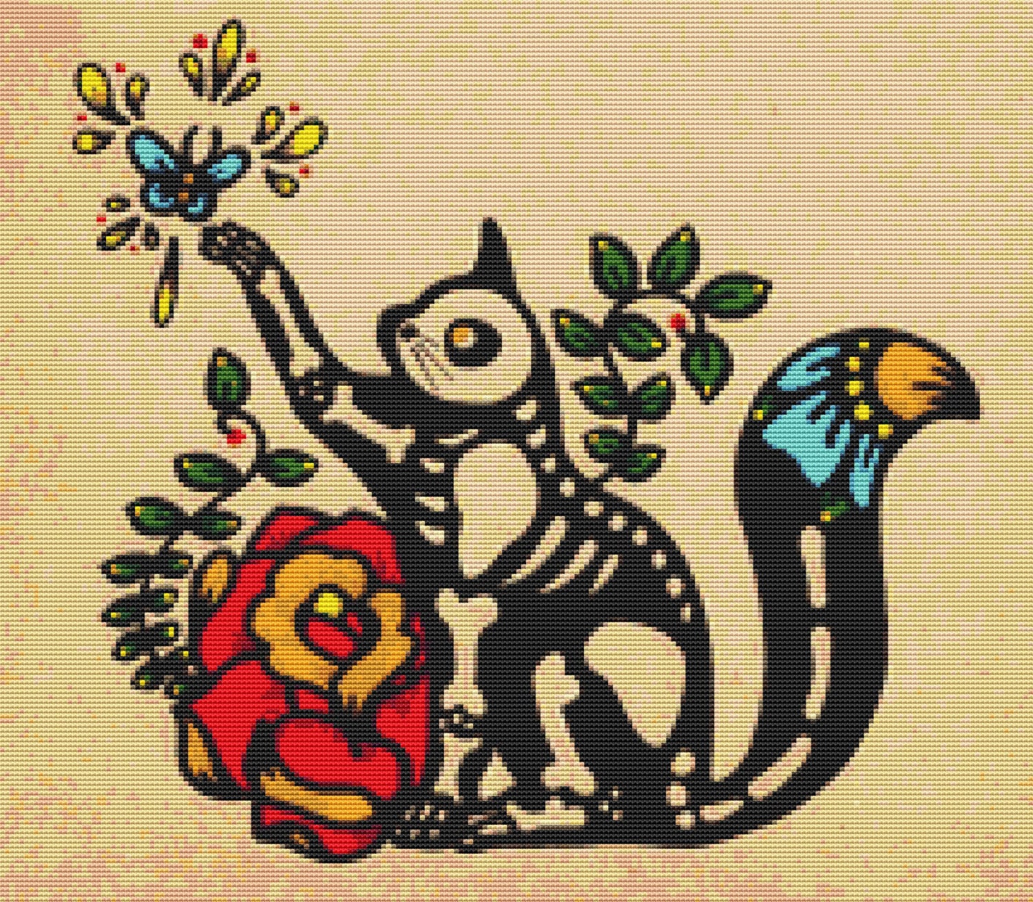 Modern cross stitch PDF pattern 'Skeleton Cat' by Illustrated Ink - Day of the Dead cross stitch chart via email