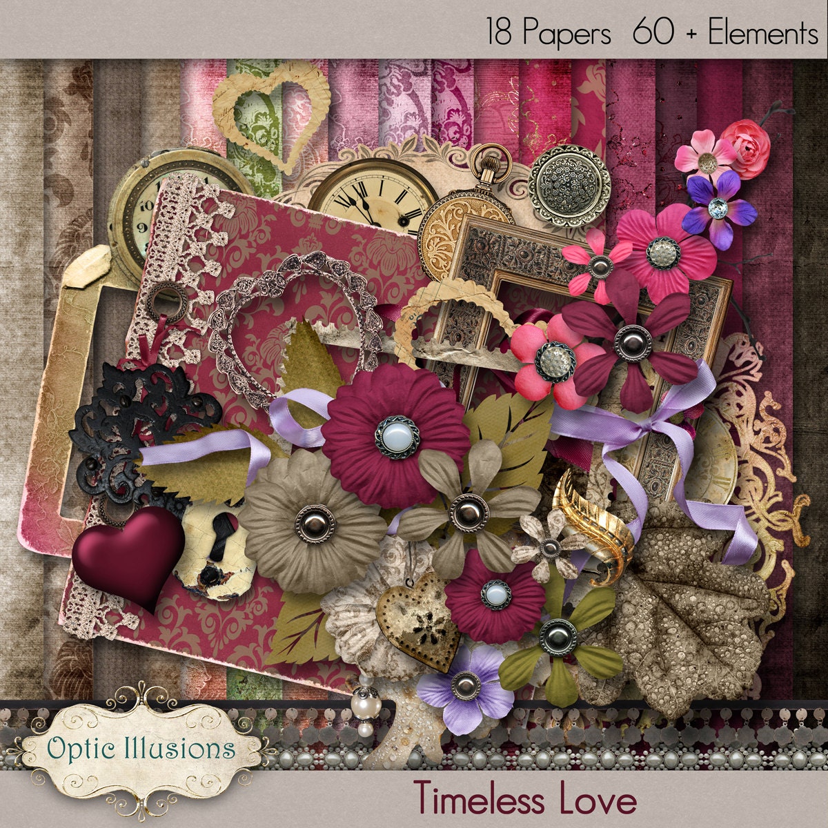 TIMELESS LOVE - Digital Scrapbooking Kit - 18 Beautiful Papers - 60 Plus Elements -