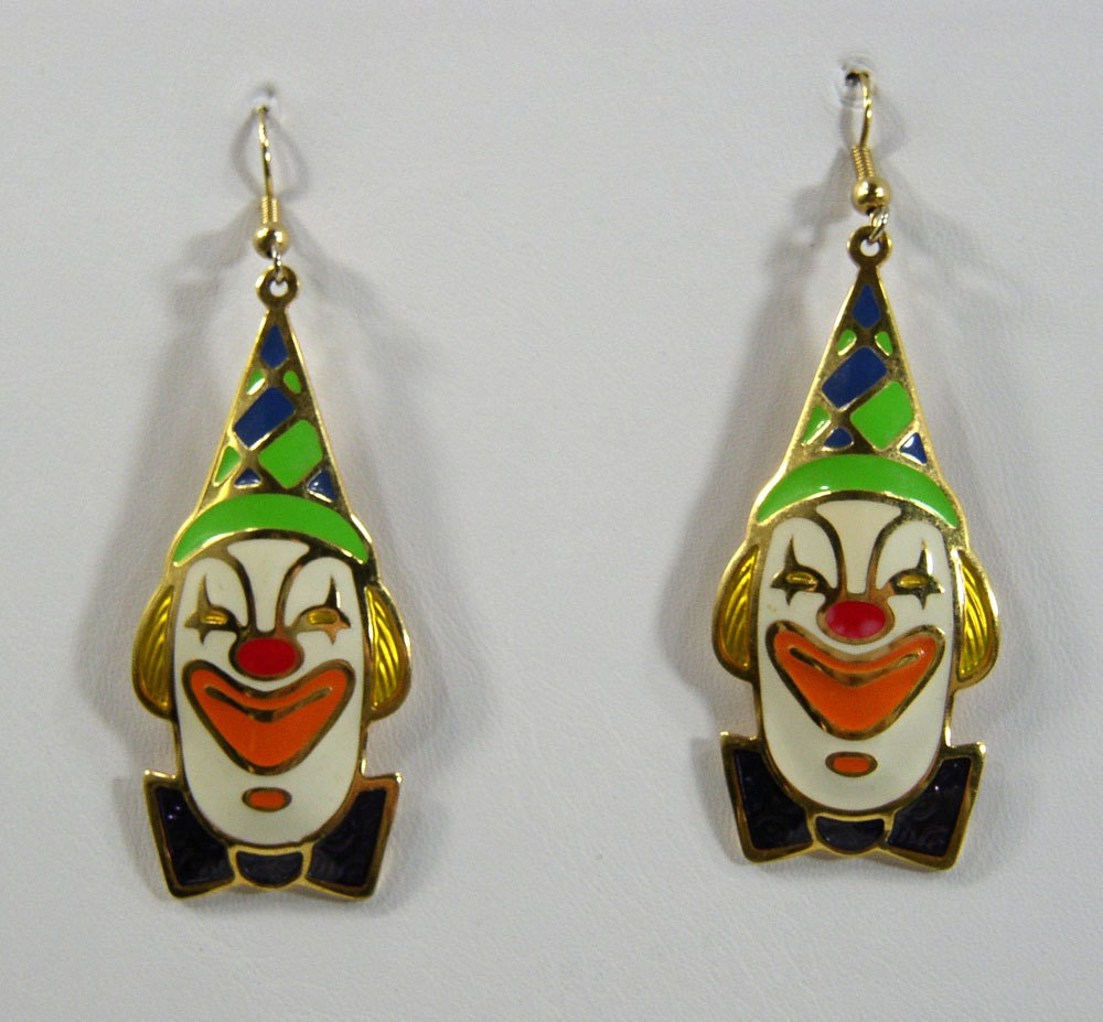 Vintage Berebi Clown Earrings Gold Tone Signed Dangle Pierced Enamel