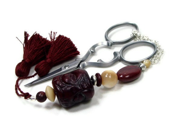 Beaded Scissor Fob, Quilting,  Sewing, Cross Stitch, Gift for Crafter, Tribal, Totem, Red, Brown, DIY Crafts, TJBdesigns