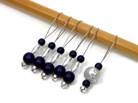 Beaded Knitting Stitch Markers Set, Snag Free, DIY Knitting Tools, Gift for Knitter, Royal Purple, White, TJBdesigns