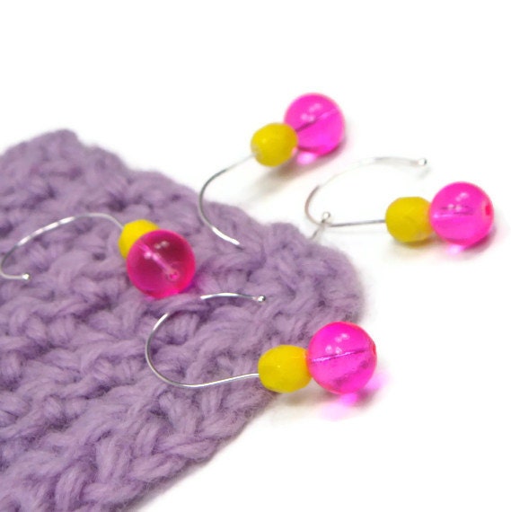 Removable Stitch Markers Set, DIY Crochet, Beaded Stitch Markers Hot Pink Yellow, Gift for Crochet, TJBdesigns