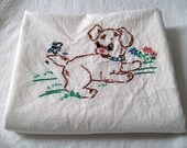 Hand Embroidered Kitchen Dish Towel, Embroidery, Puppy