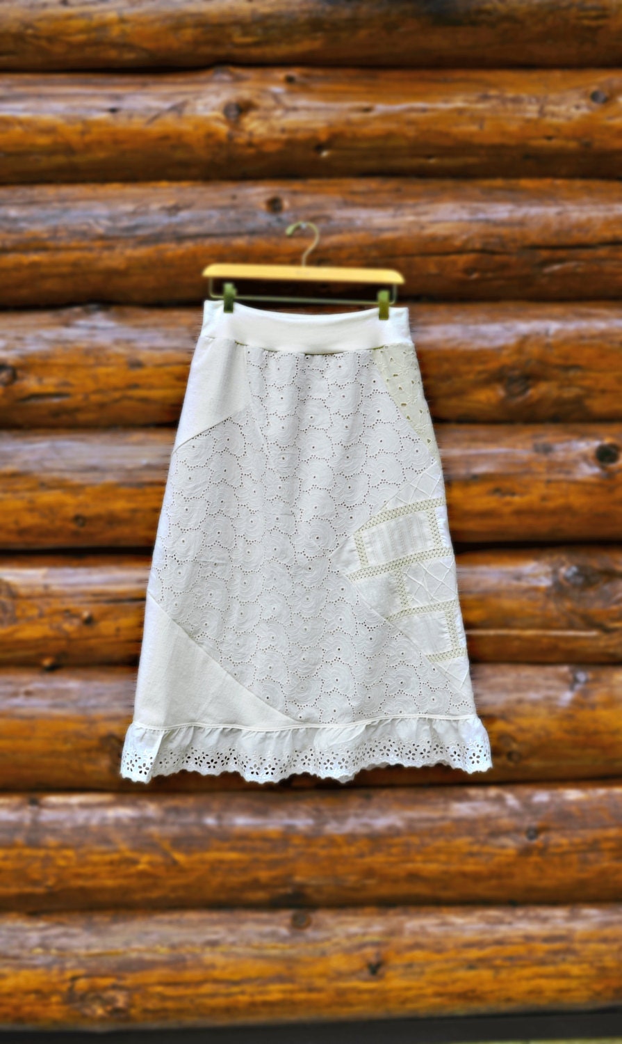 Lace & Eyelet Patchwork Skirt Women's Sizes Made to Order Mori Girl Boho Shabby Cottage Chic Style Ruffle Off White Cream Jersey Knit Waist