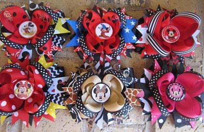 Disney Characters Hair Bow - PICK FOUR - Mickey Mouse, Minnie Mouse, Snow White, Cinderella, Ariel, Belle, Jasmine, Aurora, Tinkerbell