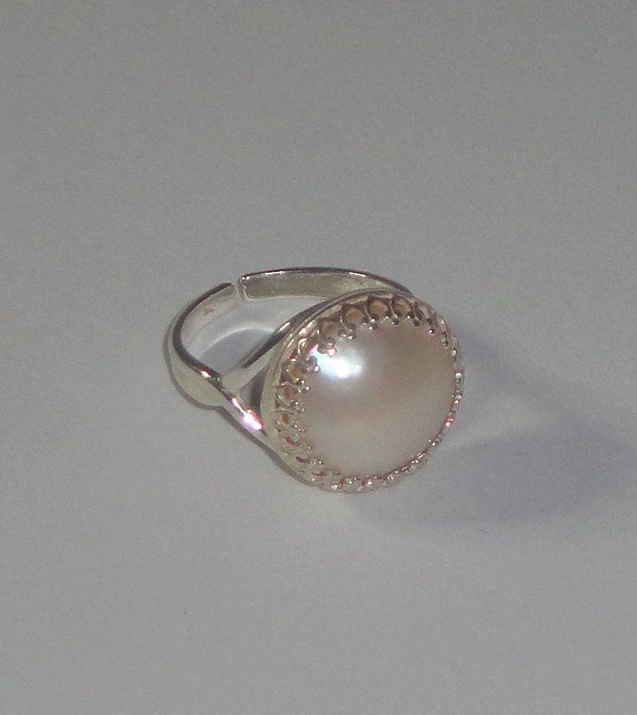 Mabe Blister Pearl Sterling Silver Filigree Ring Adjustable