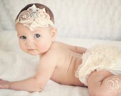Ivory Baby headband and Lace Bloomer Set...SALE priced..Hair bow and Diaper Cover...custom sizes available