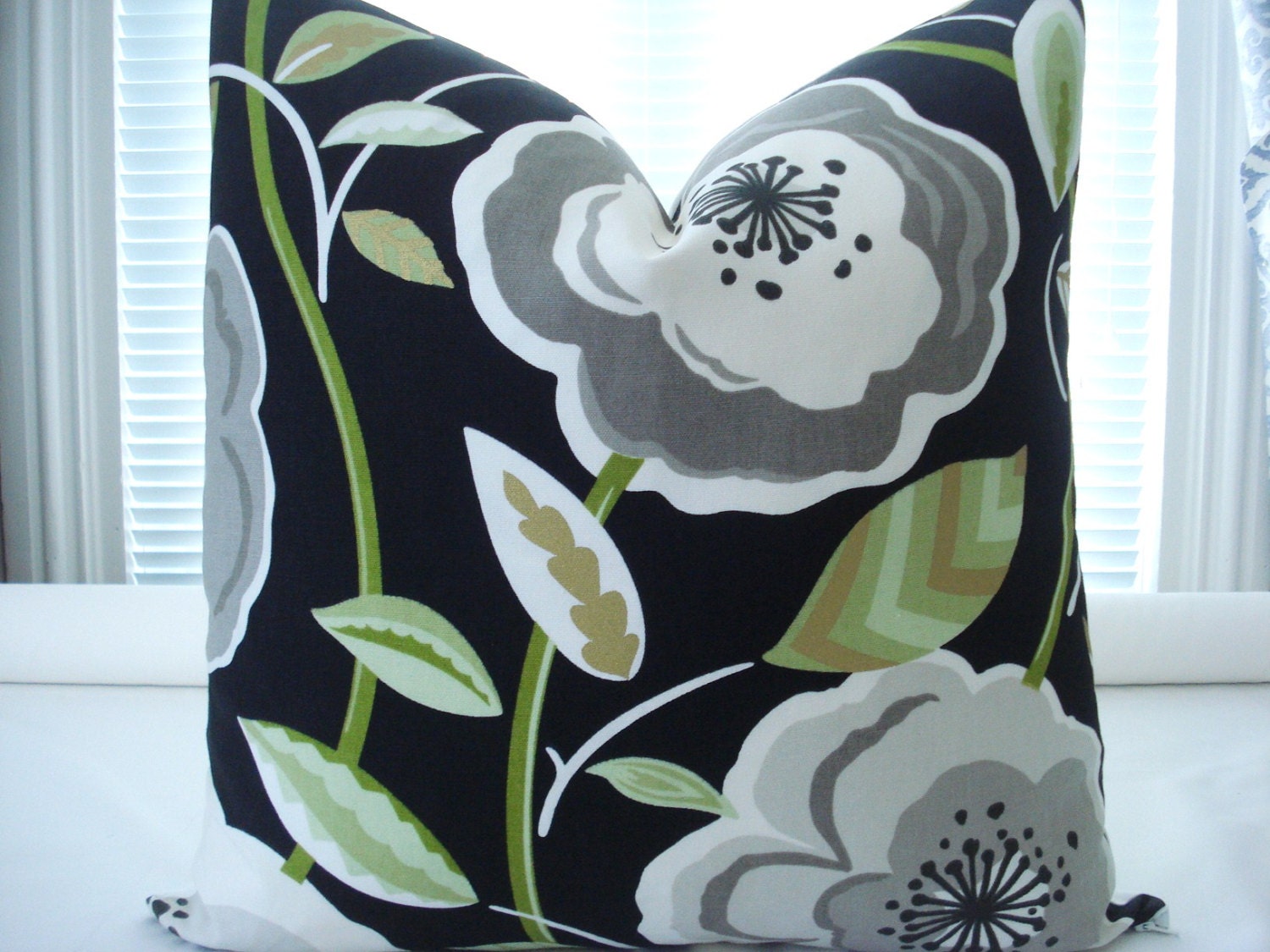 BOTH SIDES -Decorative Designer Pillow Cover-Large Poppies Design -Putty Grey -Citron -Ivory-Black Throw /Toss / Lumbar Pillow
