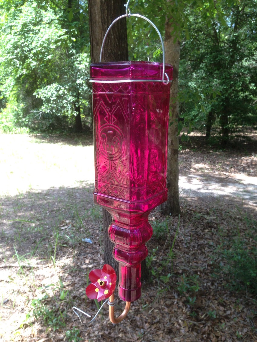 Recycled Pink Glass Antique Bottle Hummingbird Feeder (FREE SHIPPING)