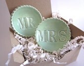 Wedding Ring holder, ring dishes engagement gift, Mr and Mrs ring dishes, mint green wedding ring holders, handmade