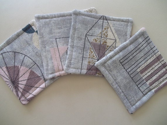 Mid Century Atomic Barkcloth Coasters Set of 4