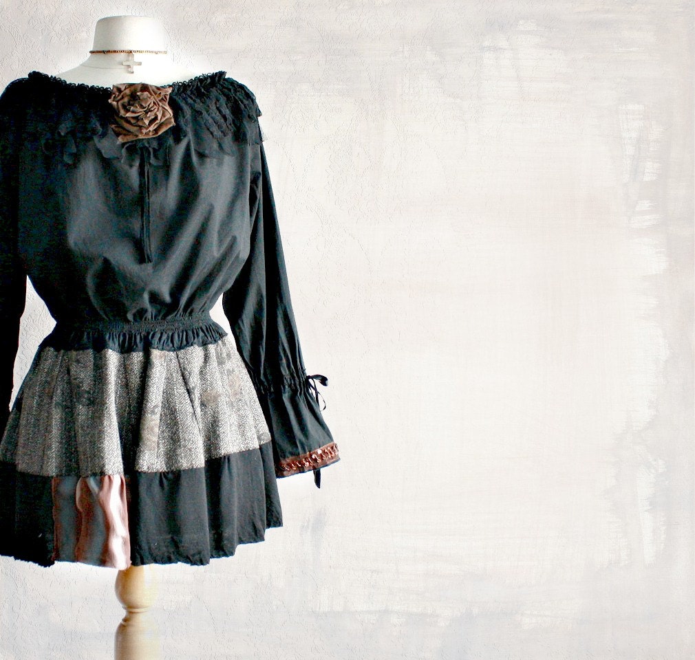 Renaissance Style Black Blouse Women's Clothing Long Sleeve Top Romantic Clothes Off Shoulder Recycled Brown Shirt Medium 'CHAMBERRY'