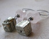 Rough Cut Rose Quartz and Pyrite Cube Earrings, Pink and Gold Earrings, Rustic Pink Stone Earrings, Boho Earrings