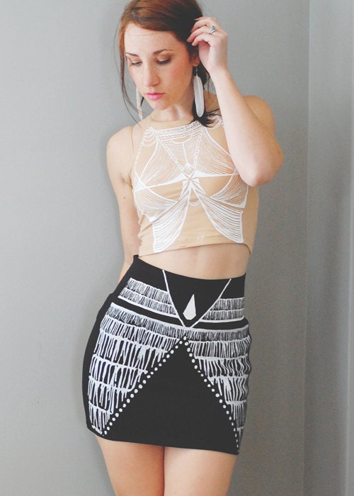 Nyala - High Waisted MINI Skirt - By Bark Decor - Hand Printed Tight Skirt Black