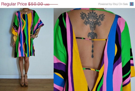 Memorial Day Sale Upcycled Vibrant Multi Color Stripe Cotton Plunging Backless Caftan Mini Dress S/M/L