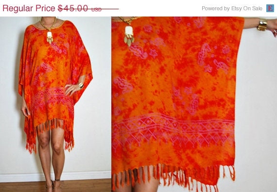 Memorial Day Sale Upcycled Orange Tie Dye Fringe Boho Caftan Mini Dress S/M