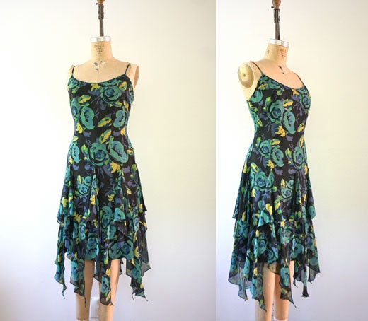 vintage silk dress / black floral dress / Joret Silk dress