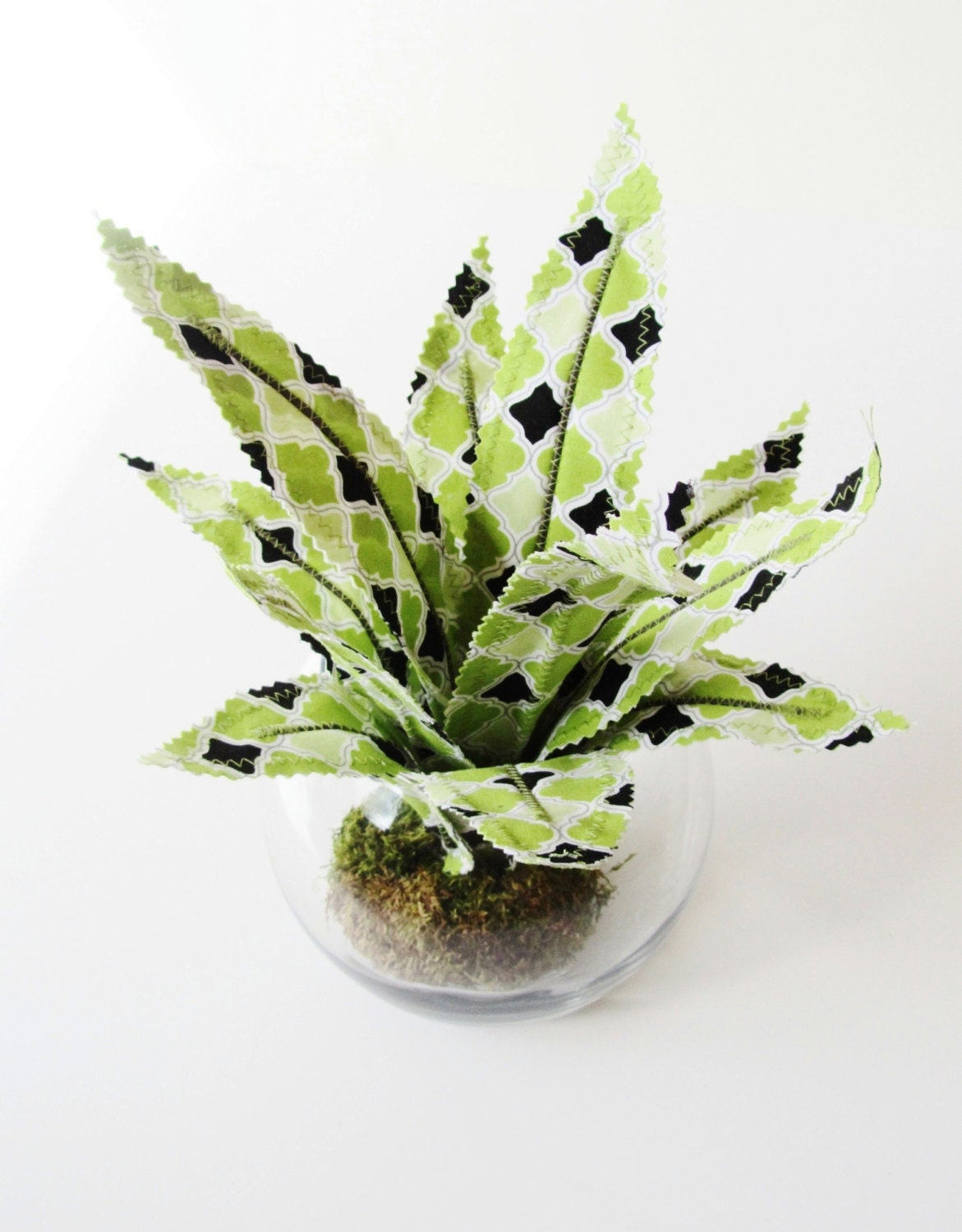 Fabric Leaf Air Plant Succulent Glass Terrarium - Lime Green Black Lattice Aloe Valentines Day Gift Idea