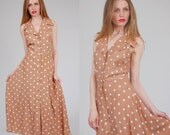 Vintage 80s POLKA DOT Maxi Dress Mocha & White Retro Sun Dress