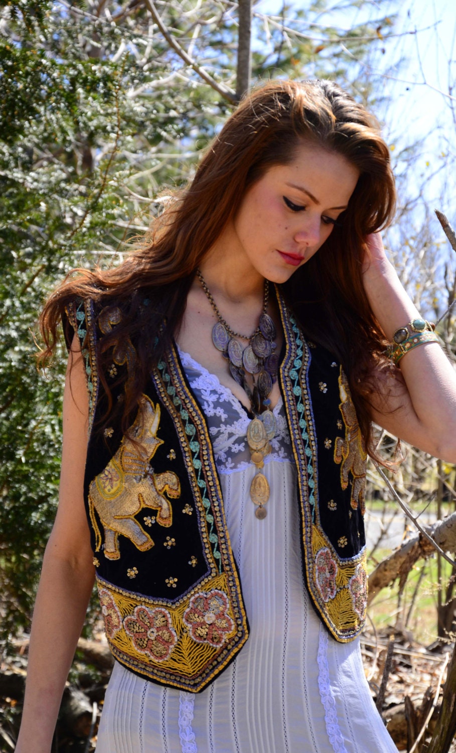 Vintage 70s Antique Gold Multi Pendant Gypsy Necklace Ethnic Coin Boho Chic