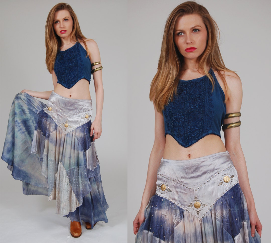 Vintage 80s TIE DYE Gypsy Skirt Blue Silk & LACE Patchwork Tiered Boho Maxi