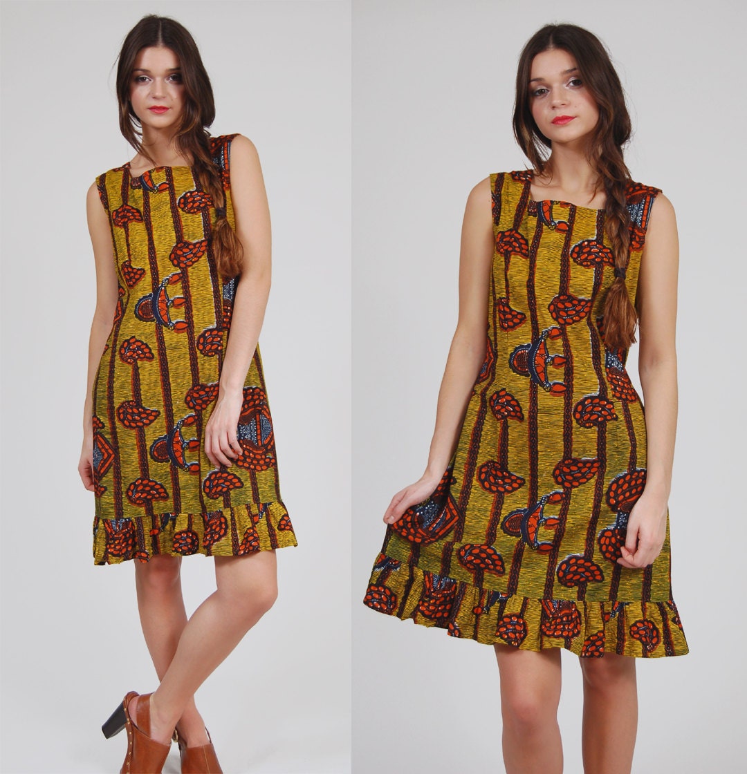 Vintage 70s BATIK Mini Dress Ethnic Festival Sun Dress S/M