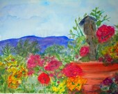 Summer Garden watercolor 8x10 fine art painting botanical flowers landscape wall decor in mat