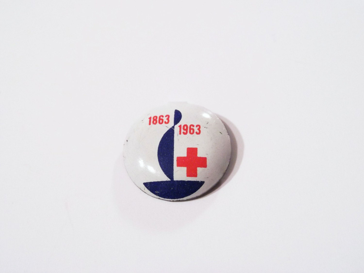 Vintage 1960s Red Cross 100 Years Tiny Button Lapel Tab 1863 1963 red white blue