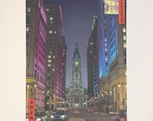 100 Famous Views of Philadelphia: Night View of City Hall, large matted print