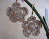 Crochet Flower Earrings, Linen French Cotton &  Fresh Water Pearls, Dangling, Trendy,  Women, Teens