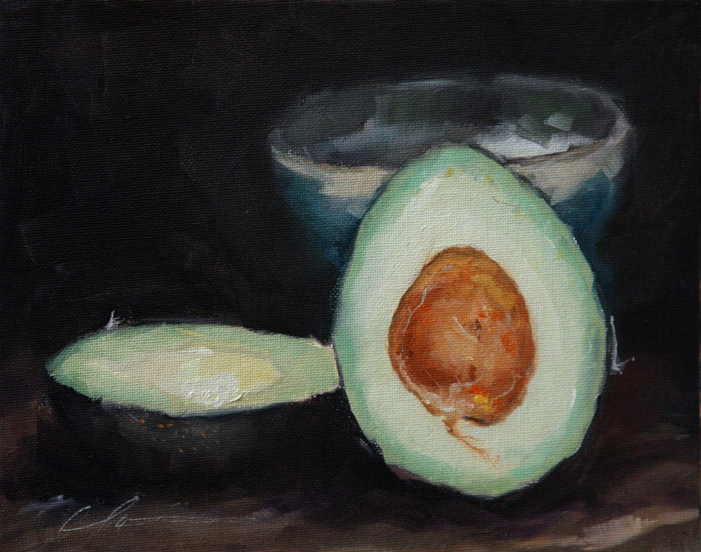 Sliced, Cut Green, Creamy Avocado Still Life on Dark Background - Original Painting by Clair Hartmann