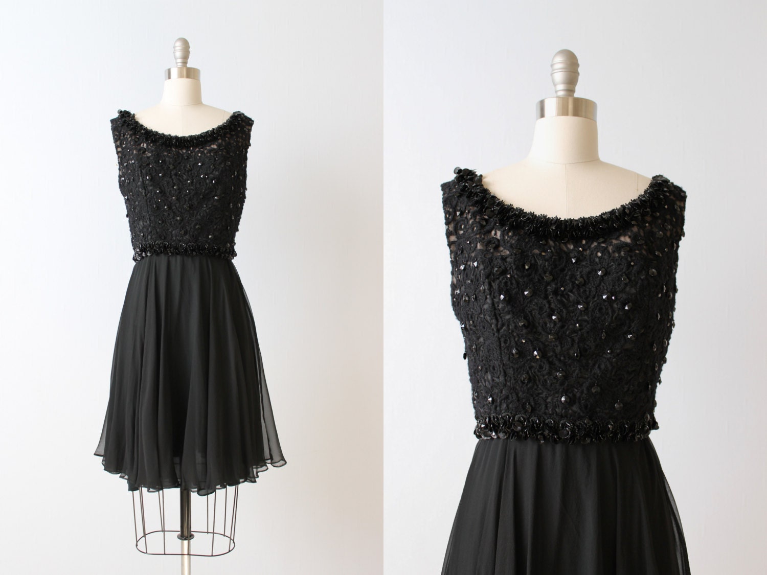 1960s Dress / 60s Dress  / Black Cocktail Dress / Beaded Chiffon Dress / Dapper