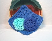 Pot Scrubbers and Dishcloth kitchen set. Nylon net, cotton, home cleaning aids, scratch free, scour pads, great colors. Pick your 3pc.
