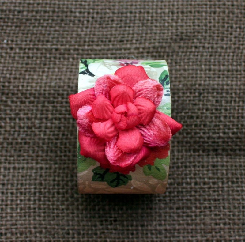 Vintage Wallpaper Cuff Bracelet with Velvet Millinery Embellishment