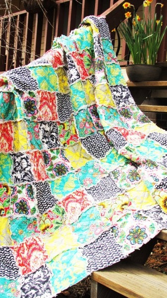 Queen Rag Quilt, Glamour, brights, charcoal, ALL NATURAL, fresh modern handmade bedding