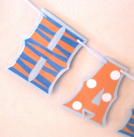 HAPPY BiRTHDAY Banner - Tiger or Zebra Print and Polka Dots in Blue and Orange Il_570xn