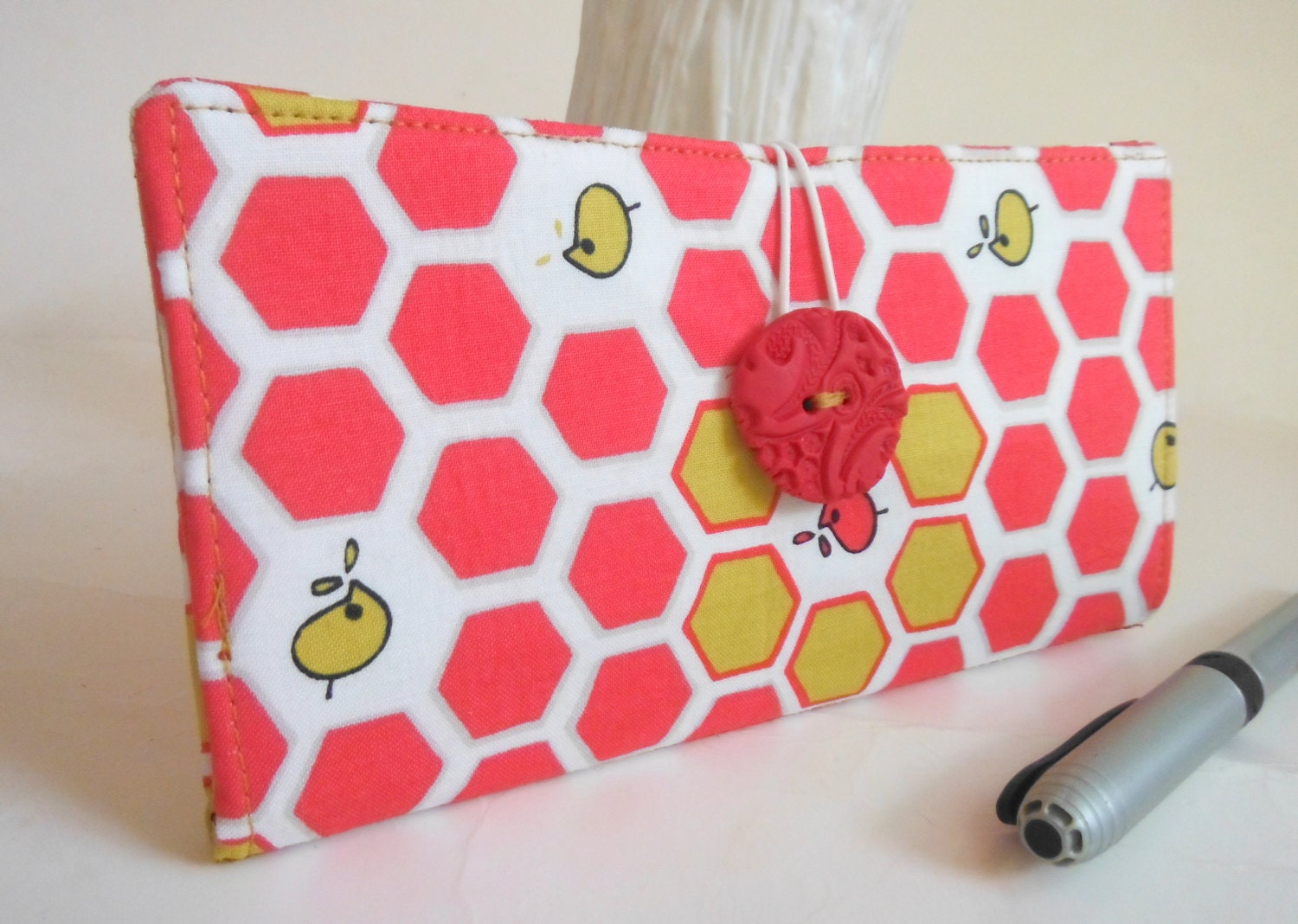 Handmade CHECKBOOK COVER in Poppy Red and Mustard - Cinderberries