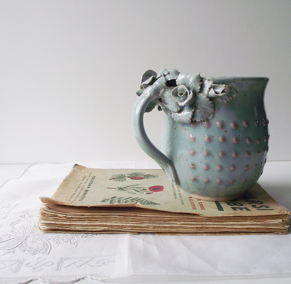 Roses Tea Cup  Handmade Ceramics  - Stoneware  - light blue