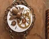 Upcycled Jewelry - Steampunk Inspired Necklace - "Bee on Time" - Antique Brass, Porcelain Watchface, Amber Beadwork, Watch Gears
