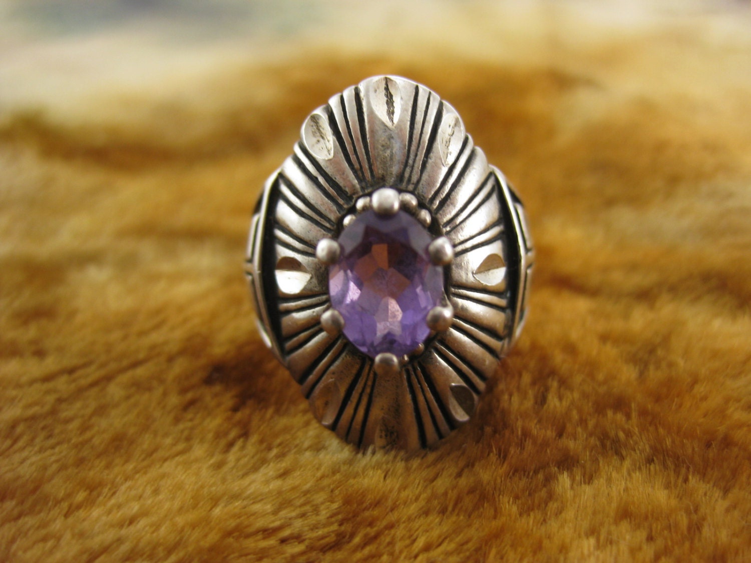 Ring - Size 7 1/2 - Sterling Silver - Amethyst Stone - Carolyn Pollack - Etched Silver Ring - Purple Women Ring - Signed CJ STER