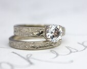 custom white sapphire engagement ring wedding band set . recycled 14k white gold band . prong setting . personalized custom ring