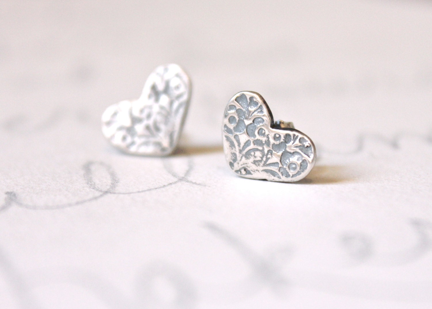 heart post earrings .  silver floral stud earrings . recycled sterling silver earrings . ready to ship gift for her